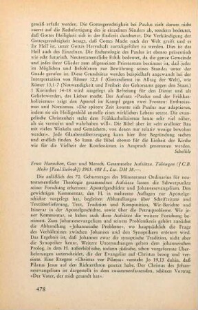 478-479 [Rezension] Haenchen, Ernst, Gott und Mensch