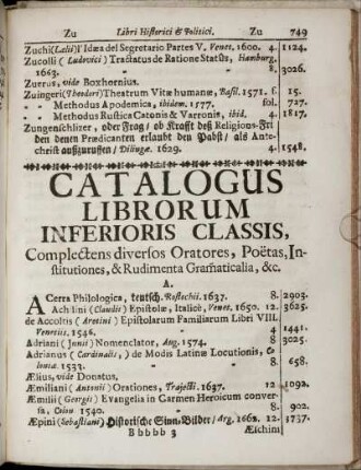Catalogus Librorum Inferioris Classis.