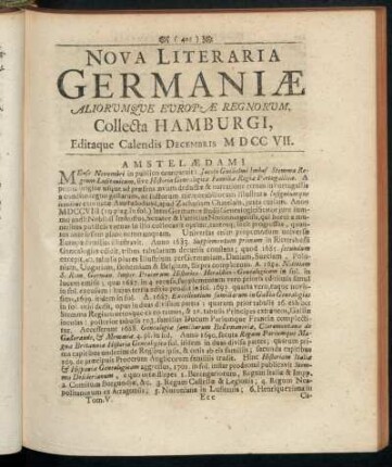 Nova Literaria Germaniæ Aliorumque Europæ Regnorum, Collecta Hamburgi, Editaque Calendis Decembris MDCCVII.