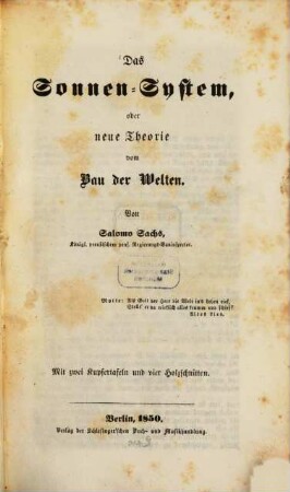 Das Sonnen-System, oder neue Theorie vom Bau der Welten