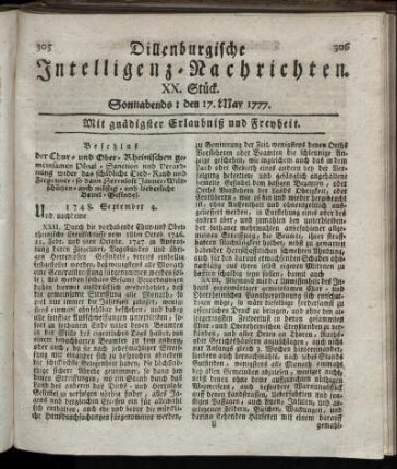 XX. Stück. Sonnabends: den 17. May 1777.