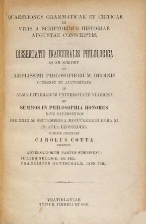 Quaestiones grammaticae et criticae de vitis a scriptoribus historiae Augustae conscriptis (Breslauer Doctordiss)