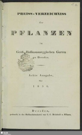 8.1836: Preiss-Verzeichniss der Pflanzen im Gräfl. Hoffmannseggischen Garten zu Dresden