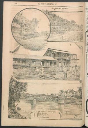 [Vistas de la] República del Ecuador. Ferro-carril del Sur. : F[erro]-C[arril] de Durán a Yaguachi. 1. Cerro Grande. 2. Puente de Zoraida. 3. Estación de Durán. 4. Puente de Yagoachi.