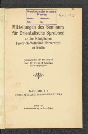 19.1916: Mitteilungen des Seminars für Orientalische Sprachen an der Friedrich Wilhelms-Universität zu Berlin