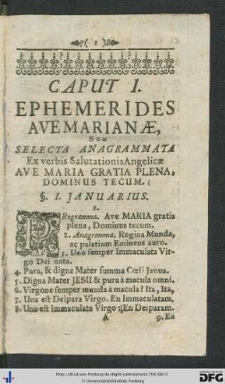 Caput I. Ephemerides Ave Marianae, Seu Selecta Anagrammata ex verbis Salutationis Angelicae Ave Maria Gratia Plena, Dominus Tecum.