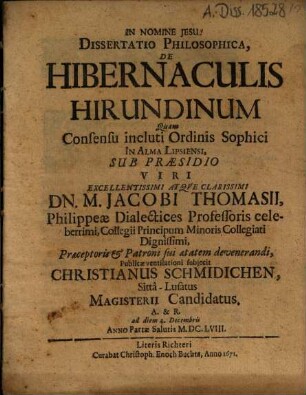 Dissertatio Philosophica, De Hibernaculis Hirundinum