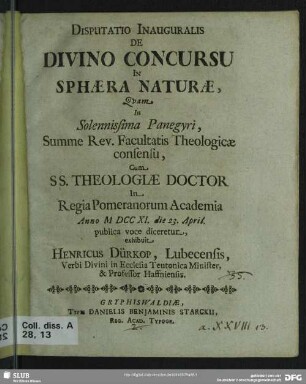 Disputatio Inauguralis De Divino Concursu In Sphaera Naturae