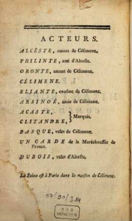 Le misantrope : comédie