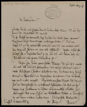 Brief von Jacob Grimm an Ignaz Theodor Liborius Meyer