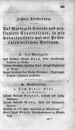 10. Abtheilung : Auf Wartegeld stehende und pensionirte Staats- und Hofdiener, sowie characterisirte und mit Prädikaten versehene Personen