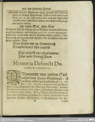 Lebenslauf : Memoria Defuncti Dn. nostri Consulis