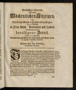 1-28, Vorläufiger Unterricht von denen wöchentlichen Anzeigen