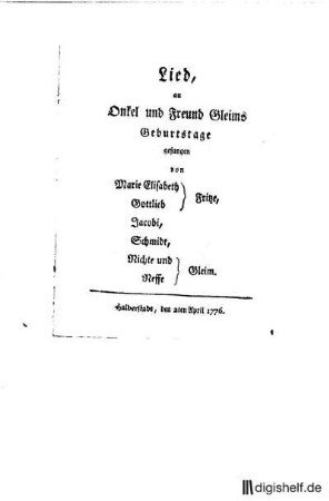 3: Brief von Gottlieb Fritze und Marie Elisabeth Fritze an Johann Wilhelm Ludwig Gleim : Johann Gottlieb Fritze