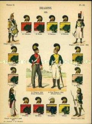 Uniformdarstellung, Tambour, Sappeur und Gemeine verschiedener Dragoner-Regimenter, Detailstudien von Kopfbedeckungen und Abzeichen verschiedener Dragoner-Regimenter, Frankreich, 1806/1816.