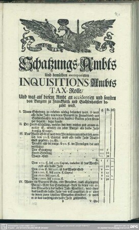 Schatzungs-Ambts Und demselben incorporirten Inquisitions-Ambts Tax-Rolle. Und was auf diesem Ambt an accidentien und sonsten von Burgern zu Franckfurth und Sachsenhaußen bezahlt wird