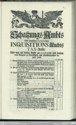 Schatzungs-Ambts Und demselben incorporirten Inquisitions-Ambts Tax-Rolle. Und was auf diesem Ambt an accidentien und sonsten von Burgern zu Franckfurth und Sachsenhaußen bezahlt wird