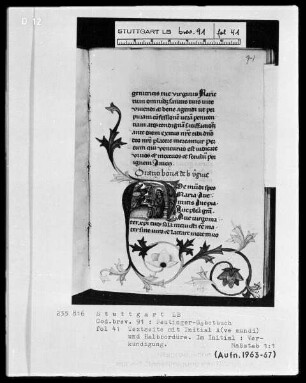 Gebetbuch des Konrad Peutinger — Initiale A (ve mundi spes), darin Verkündigung, Folio 41recto