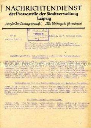 Interner Nachrichtendienst der Stadtverwaltung Leipzig u.a. zur Rede Molotows auf der Tagung des Moskauer Stadtsowjets und mit Kurznachrichten aus aller Welt ("Nur für den Dienstgebrauch")