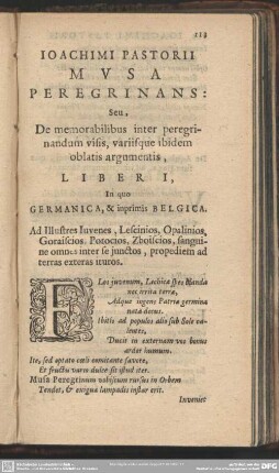 Ioachimi Pastorii Musa Peregrinans ... Liber I