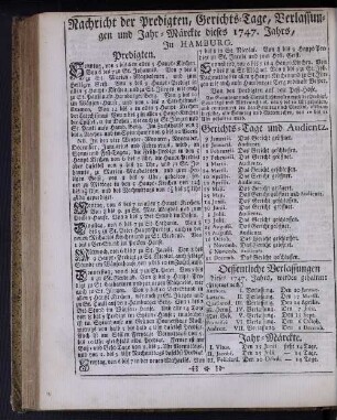 Nachricht der Predigten, Gerichts-Tage, Verlassungen und Jahr-Märckte dieses 1747. Jahrs, zu Hamburg.