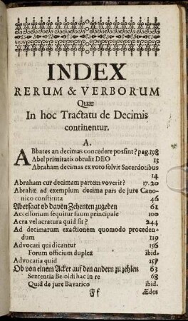Index Rerum & Verborum Quæ In hoc Tractatu de Decimis continentur.