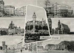 Messestadt Leipzig: Eingang z. Petersstr., Oper am Karl-Marx-Platz, Dimitroff-Museum, Neues Rathaus, Thomaskirche, Ringbebauung, Hauptbahnhof