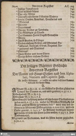 Zweytes Register Der Namen und Haupt-Sachen nach dem Alphabet, Numern und Capiteln Zahl