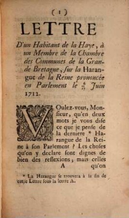 Les Soupirs De L'Europe A la veüe du Projet De Paix : Contenu dans la Harangue de la Reine de la Grande-Bretagne à son Parlement, du 6/17 Juin 1712.