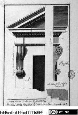 Studio d'architettura civile sopra gli ornamenti di porte, e finestre colle misure, piante, modini, e profili, tratte da alcune fabbriche insigni di Firenze erette col disegno dè più celebri architetti / opera misurata, disegnata, e intagliata da Ferdinando Ruggieri, sotto gli auspici dell' A. R. di Cosimo III. Granduca di Toscana, Parte Prima, Firenze 1722, nella Samperia Reale presso Gio: Gaetano Tartini, e Santti Franchi, con Licenza de Superiori.Architekturdetails des Fensters des 2. Obergeschosses des Palazzo Uguccioni - Studio d'architettura civile, da Ferdinando Ruggieri, Parte prima, Firenze 1722.