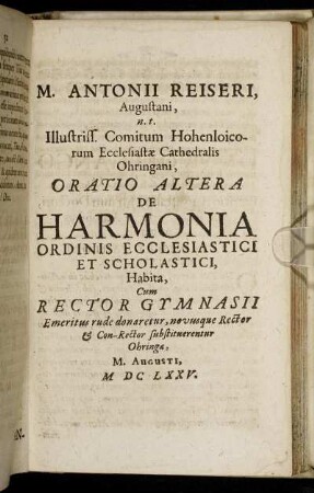 Oratio Altera De Harmonia Ordinis Ecclesiastici Et Scholastici