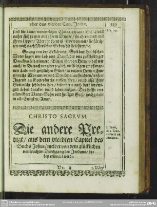 [Die ander Predigt, uber das vierdte Cap. Josuae]. Die andere Predigt, aus dem vierdten Capitel des Buchs Josuae, meldet von dem glücklichen vollbrachten Durchgang des Jordans ...
