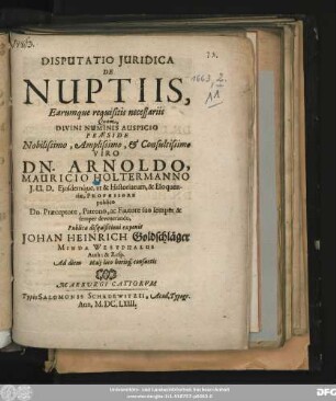 Disputatio Iuridica De Nuptiis, Earumque requisitis necessariis