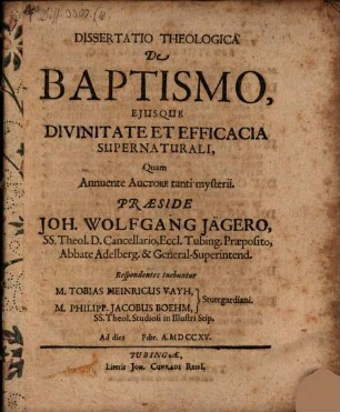 Diss. ... de baptismo eiusque divinitate ...