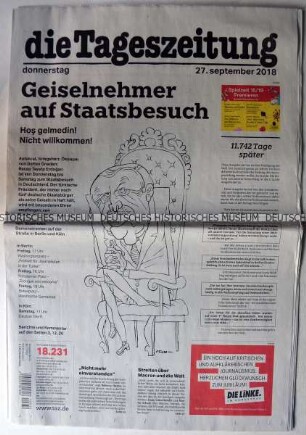 Tageszeitung "taz. die tageszeitung" mit Titel zum Staatsbesuch des türkischen Präsidenten, zusätzlich mit Nachdruck der taz-Nullnummer aus dem September 1978