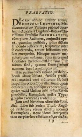 Hermanni Boerhaave Phil. & Med. Doctoris, Medicinae, Botanices, Chemiae, & Collegii Practici Lugduni Batavorum Professoris, Regiae Scientiarum Academiae Socii. Tractatus. De Viribus Medicamentorum