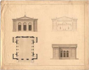 Voit, Johann Michael; Entwurf für eine Kirche - Grundriss, Ansichten, Querschnitt