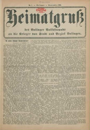 1.1915: Heimatgruß des Balinger Volksfreunds an die Krieger von Stadt und Bezirk Balingen