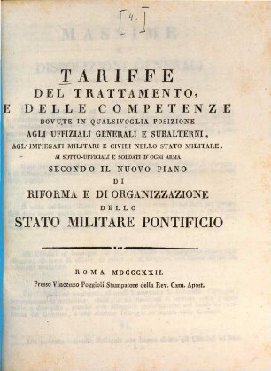 Tariffe del trattamento, e delle competenze ... secondo il nuovo piano di riforma e di organizzazione dello stato militare Pontificio