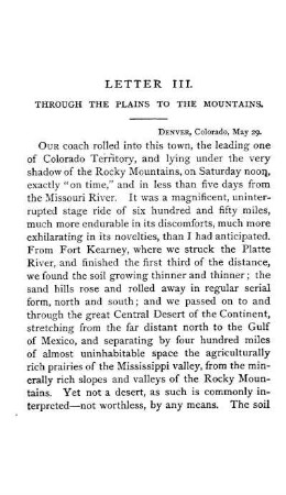 LETTER III. THROUGH THE PLAINS TO THE ROCKY MOUNTAINS