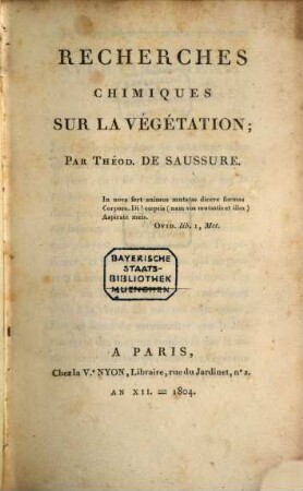 Recherches chimiques sur la végétation