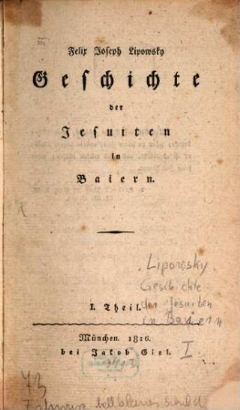 Geschichte der Jesuiten in Baiern, I. Theil