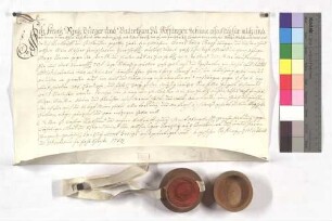 Kaufbrief von Franz Renz, Bürger und Untertan zu Söflingen, gegen Hans Jörg Rämpf daselbst um einen herrschaftlichen Auchtwiesteil für 70 Gulden.