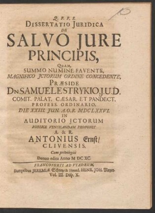 Dissertatio Iuridica De Salvo Iure Principis