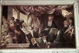 Der heilige Benedikt gibt die Ordensregel im Beisein des Papstes und des Kaisers