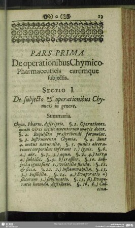 Pars Prima. De operationibus Chymico-Pharmaceuticis earumque subjectis
