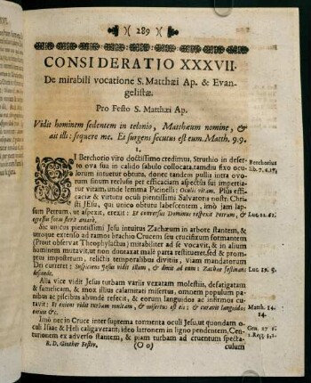 289-298, CONSIDERATIO XXXVII. De mirabili vocatione S. Matthaei Ap. & Evangelistae.