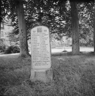 Treuen, Kreis Auerbach. Gedenkstein mit den Namen der im 1. Weltkrieg gefallenen Turnbrüder. Granit, nach 1918. Friedrich-Engels-Straße 7