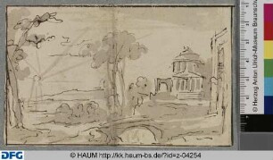 Landschaft mit Tempel und Torbogen bei Sonnenuntergang