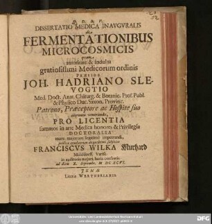 Dissertatio Medica Inauguralis de Fermentationibus Microcosmicis